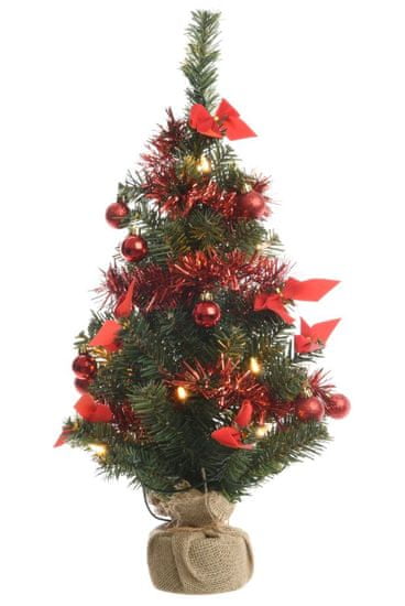 Kaemingk Mini vánoční stromeček se světýlky, nazdobený červenými ozdobami, 60 cm, 20 LED