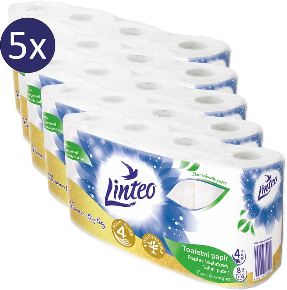Levně LINTEO Toaletní papír LINTEO - 4-vrstvý - bílý - 5 x 8 rolí