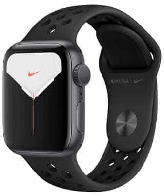Chytré hodinky Apple Watch Nike Series 5, Retina displej stále zapnutý EKG aplikace Nike Run Club monitorování tepu srdeční činnosti hudební přehrávač volání notifikace NFC platby Apple Pay hluk App Store