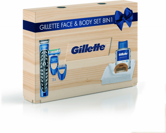 Gillette Dřevěný box dárkové balení Styler + voda po holení + hřeben + ručník