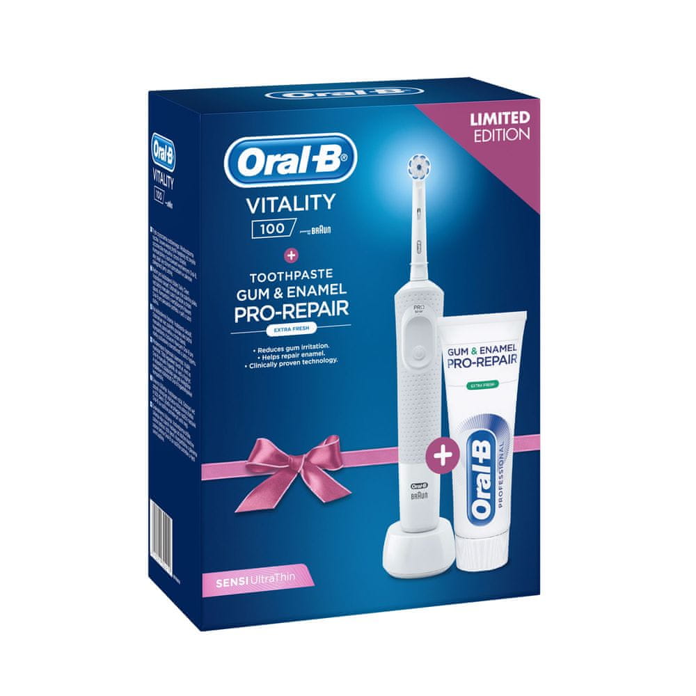 Oral-B elektrický zubní kartáček Vitality White Sensitive + Oral-B zubní pasta original 75 ml