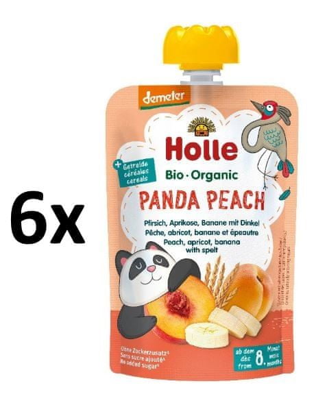 Holle Bio Panda Peach 100% ovocné pyré broskev, meruňka, banán a špalda - 6 x 100g