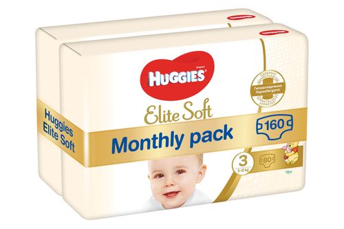 Huggies   pieluszki Elite Soft 3 (5-9 kg) 160 szt. (2x80 szt.) - opakowanie miesięczne  | MALL.PL