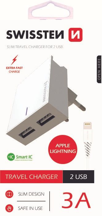 SWISSTEN Síťový adaptér Smart IC, CE 2x USB, 3 A, bílý (22047000)