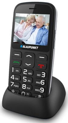 Blaupunkt BS 02, mobil pro seniory, velká tlačítka, SOS tlačítko, nabíjecí stojánek, velká písmena