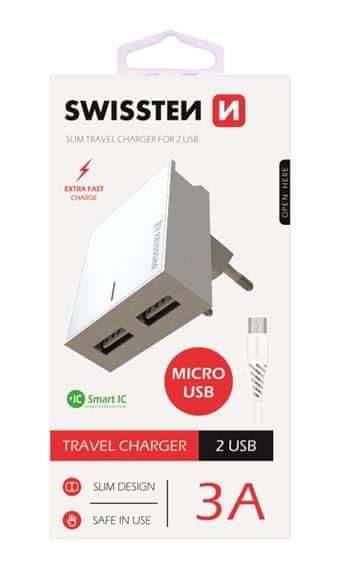 SWISSTEN Síťový adaptér smart IC, CE 2x USB 3 A power bílý + datový kabel, 22041000