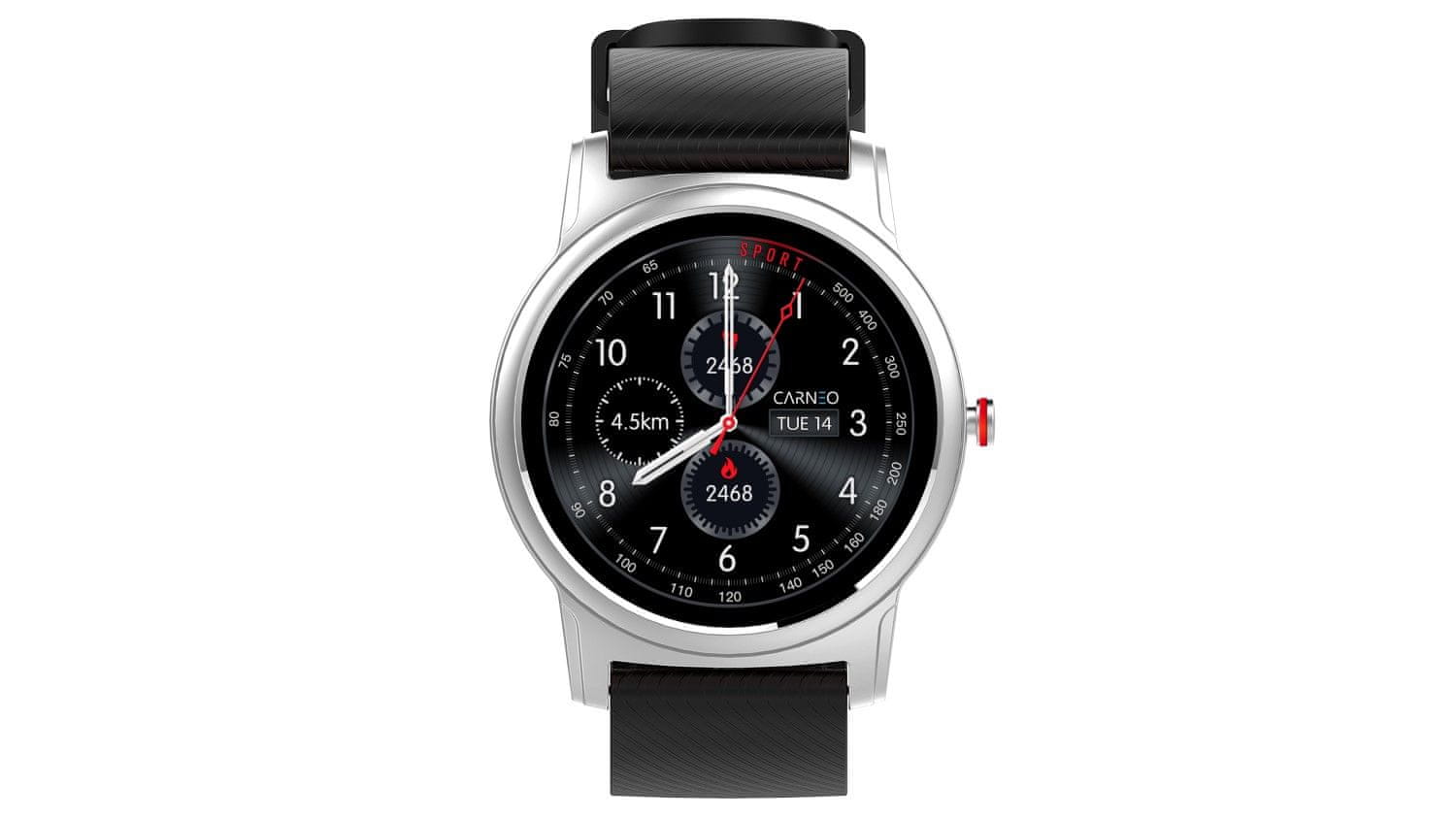 Chytré hodinky Carneo Prime Platinum, sledování tepu, kalorií, vzdáleností, kroků, spánku, pitného režimu, telefonování, SMS, notifikace