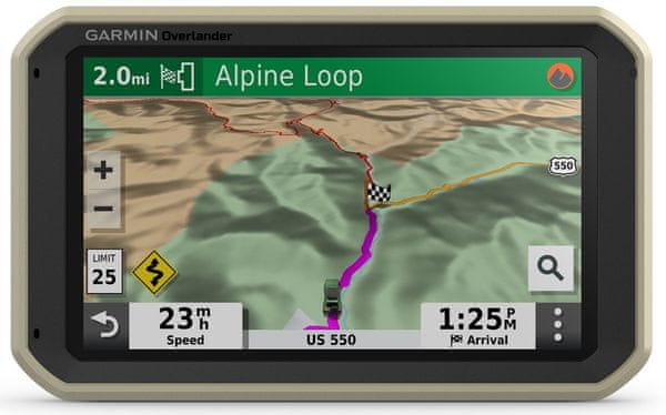 Automobilová GPS navigace Garmin Overlander, silniční i topografická mapa Evropy, Středního východu, severní a jižní Afriky, doživotní aktualizace, terénní, velký displej, kompas, barometr, měření sklonu terénu, nadmořská výška