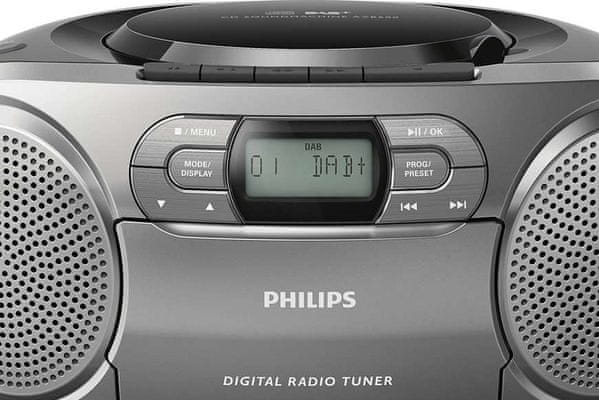 rádiómagnó philips azb600 lekerekített dizájn fm dab dab+ tuner cd meghajtó audio in bemenet 2 w hangszórók akkumulátorról való működés kazetta lejátszó