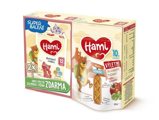 Hami 12+ batolecí mléko 2x 600g + Hami Výletní zeleninové tyčinky Rajče a Bazalka 100 g, 10+