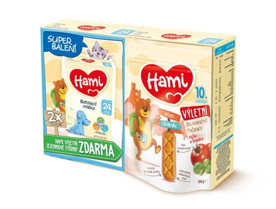 Hami 24+ batolecí mléko 2x 600g + Hami Výletní zeleninové tyčinky Rajče a Bazalka 100 g, 10+