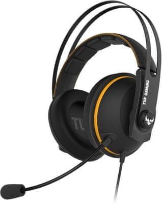 Herní kabelová sluchátka Asus TUF Gaming H7 Core ocelová konstrukce velké měniče dva mikrofony dlouhá výdrž ovládání hlasitosti