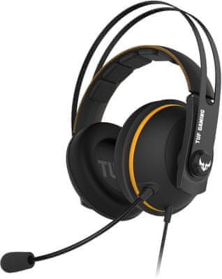 Herní kabelová sluchátka Asus TUF Gaming H7 ocelová konstrukce velké měniče jednosměrný mikrofon dlouhá výdrž ovládání hlasitosti