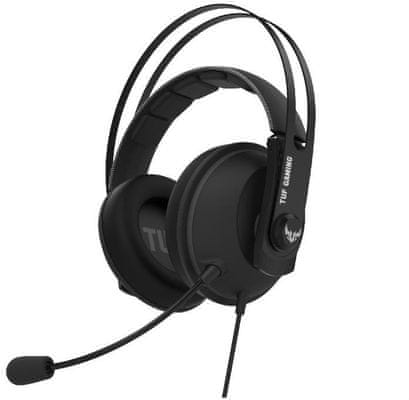 Herní kabelová sluchátka Asus TUF Gaming H7 Core ocelová konstrukce velké měniče dva mikrofony dlouhá výdrž ovládání hlasitosti
