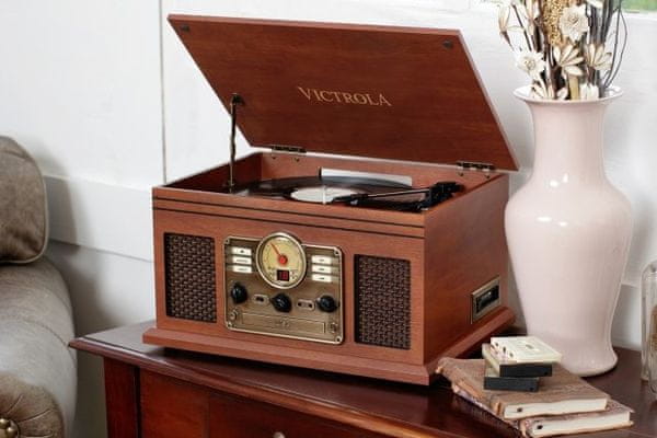 elegantný retro gramofón Victrola VTA-200 design 3 rýchlosti otáčok 33 45 78 FM rádio CD kazetová mechanika bluetooth 