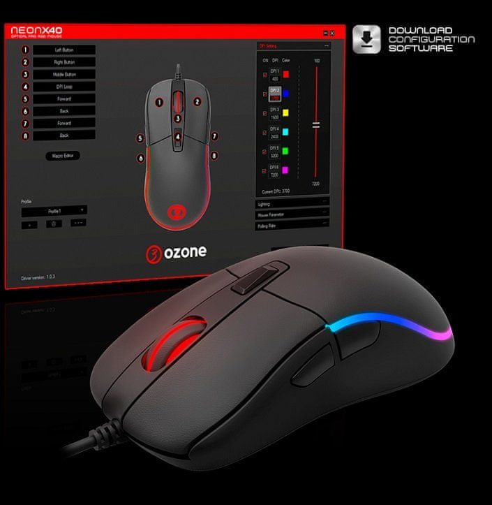 Herní myš Ozone Neon X40 (OZNEONX40), drátová s podsvícením RGB LED, univerzální ergonomie, 8 programovatelných tlačítek, až 7 200 DPI, software