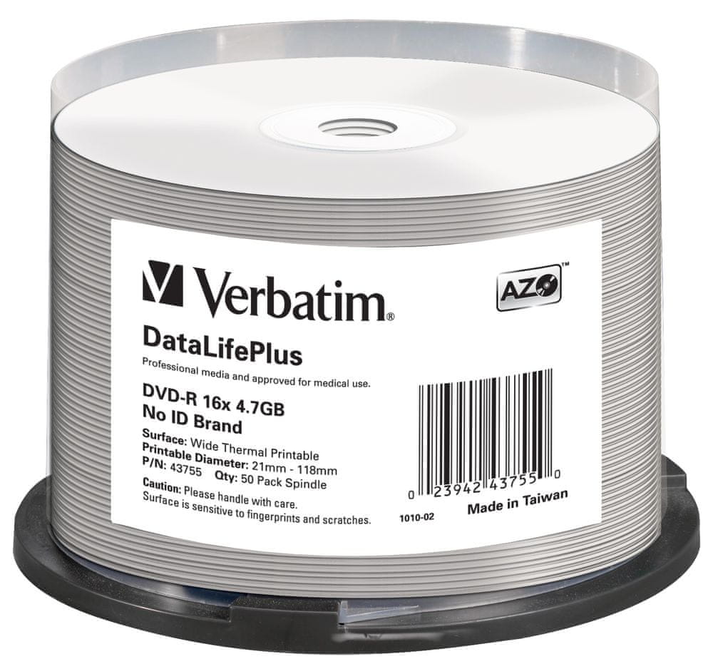 Levně Verbatim DVD-R DataLifePlus 4.7GB, 16x, thermal printable, spindle 50 ks (43755)