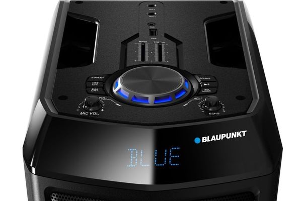 párty Bluetooth reproduktor Blaupunkt ps05.2db led diody světelná show led displej aux in dálkové ovládání funkce karaoke s mikrofonem ekvalizér fm tuner rádio 40 předvoleb usb přehrávač podpora mp3 wma provoz na baterie síťové napájení 60 w rms výkon 800 w max výkon