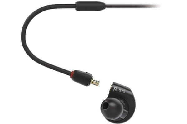 profesionální sluchátka audio-technica ath-e40 zvuk plný dynamiky 160cm kabel a2dc konektory dvoufázové měniče push pull neutrální podání