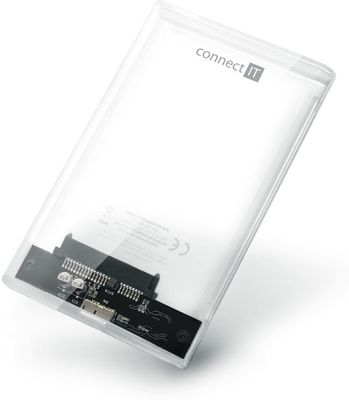 Externí box Connect IT ToolFree Clear (CEE-1300-TT), průhledný, LED dioda, ABS plast, rychlost 5 Gbps, HDD/SSD disky 2,5 palců, tichý chod, USB 3.0, SATA