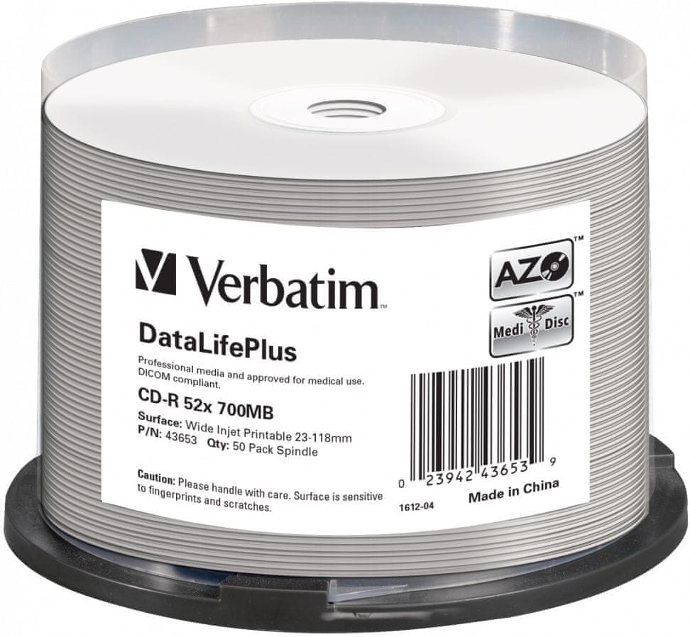 Levně Verbatim CD-R DataLifePlus 700MB, 52x, silver printable, spindle 50 ks (43653)