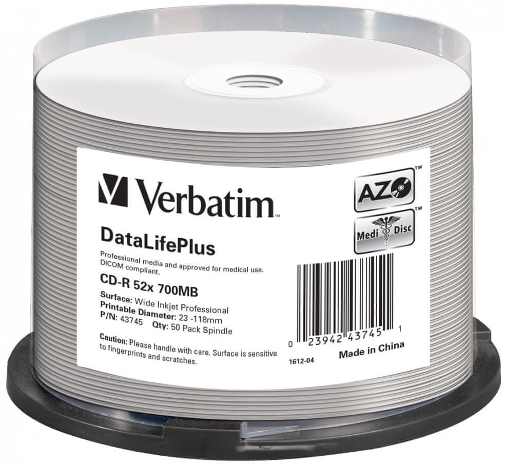 Levně Verbatim CD-R DataLifePlus 700MB, 52x, white printable, spindle 50 ks (43745)