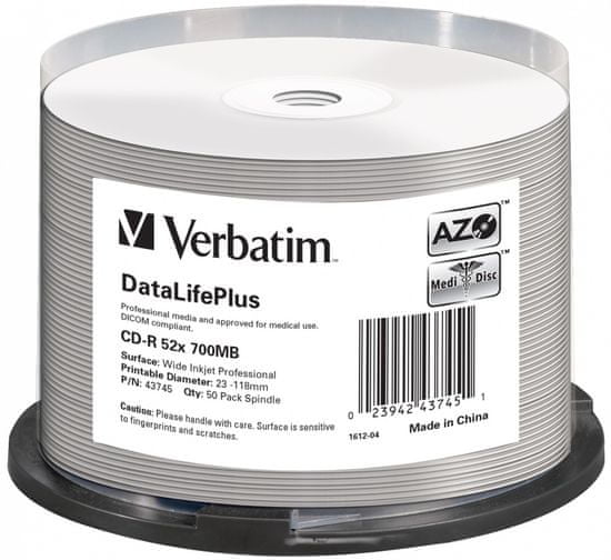 Verbatim CD-R DataLifePlus 700MB, 52x, white printable, spindle 50 ks (43745)