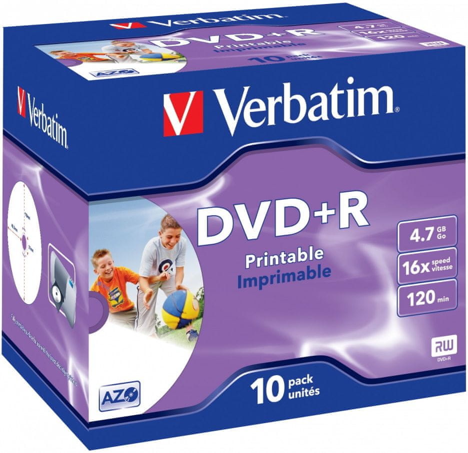 Levně Verbatim DVD+R AZO 4,7GB, 16x, printable, jewel case 10 ks (43508)