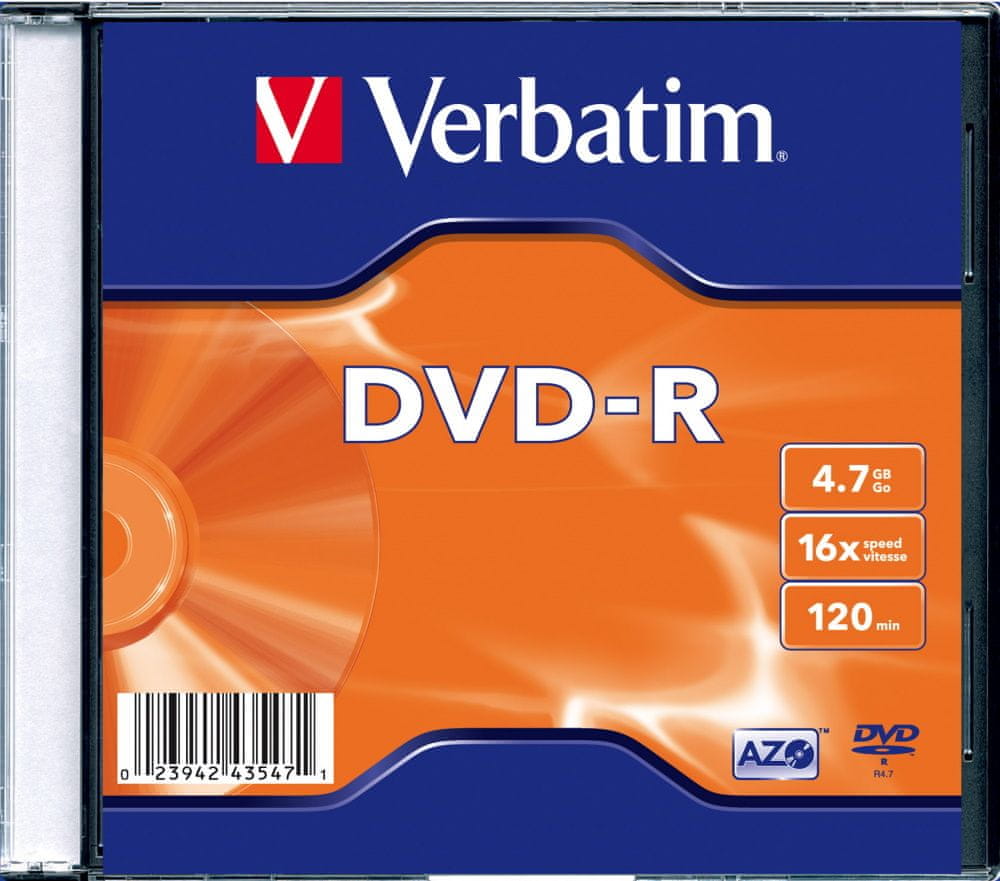 Levně Verbatim DVD-R AZO 4,7GB, 16x, slim case 100 ks (43547)