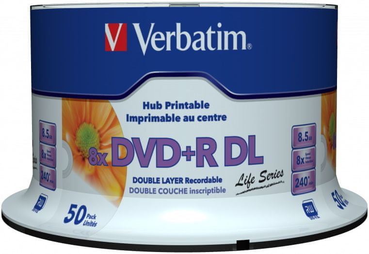 Levně Verbatim DVD+R DL AZO 8,5GB, 8x, printable, inverse stack, spindle 50 ks (97693)