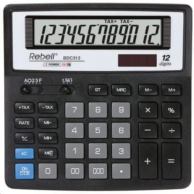 Stolní finanční kalkulačka Rebell BDC312 (RE-BDC312 BX), solární, výpočet daní, funkce GT, 12 číslic