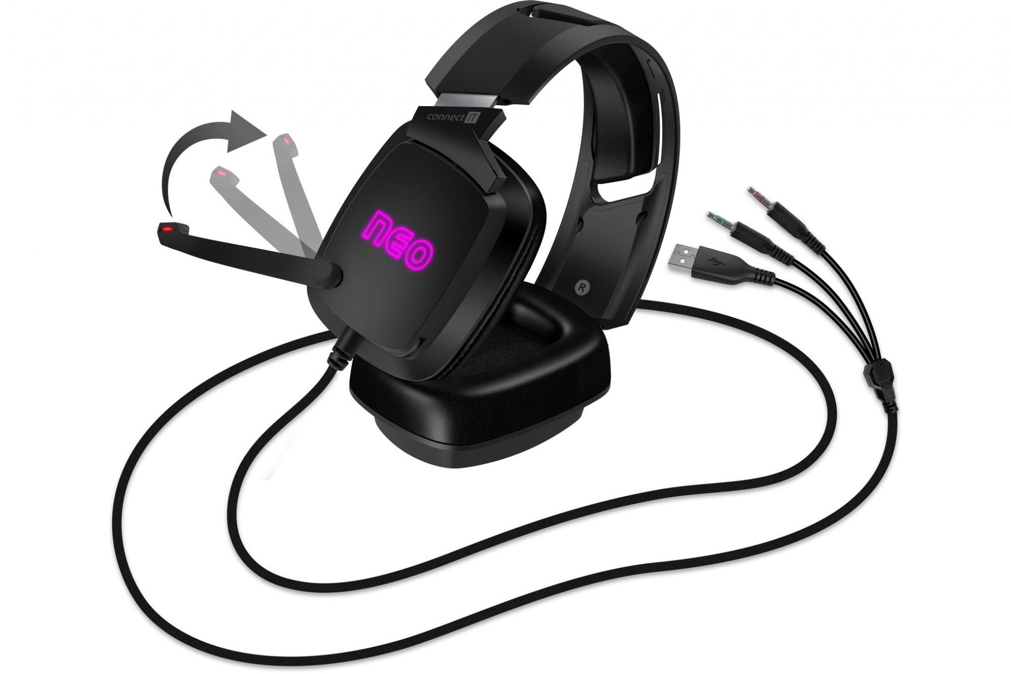 Connect IT Neo (CHP-3590-BK) fülhallgatók Összecsukható mikrofon Piros háttérvilágítás Nagy érzékenységű Párnázott fejpánt PU Bőr