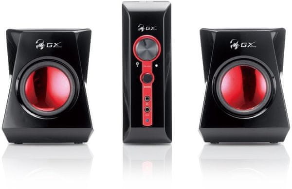 Genius hangszórók Genius GX Gaming SW-G 2.1 1250 (31730019400), 38 W teljesítmény, 20 W-os mélynyomó, 3,5 mm jack, fejhallgató mikrofon, hangerő- és basszusszabályozás, kiváló minőségű hangzás, teljesítmény