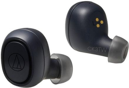 přenosná true wireless sluchátka audio-technica ath-ck3tw Bluetooth 5.0 5,8mm měniče dynamický zvuk bezztrátový kodek aptx silné basy velice pohodlná díky univerzálnímu tvarování akumulátor s výdrží 6 h nabíjecí pouzdro pro dalších 24 h provozu sluchátek handsfree mikrofon
