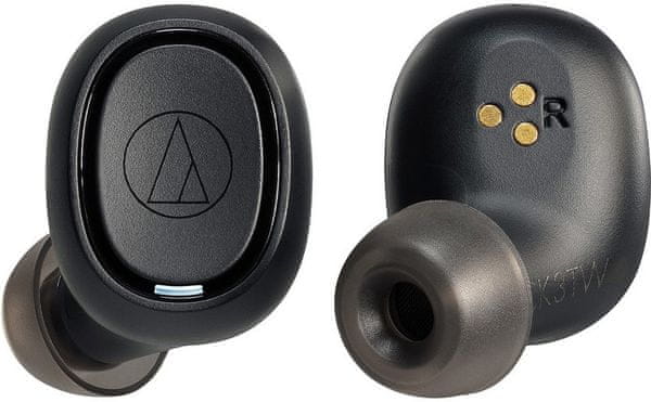 přenosná true wireless sluchátka audio-technica ath-ck3tw Bluetooth 5.0 5,8mm měniče dynamický zvuk bezztrátový kodek aptx silné basy velice pohodlná díky univerzálnímu tvarování akumulátor s výdrží 6 h nabíjecí pouzdro pro dalších 24 h provozu sluchátek handsfree mikrofon