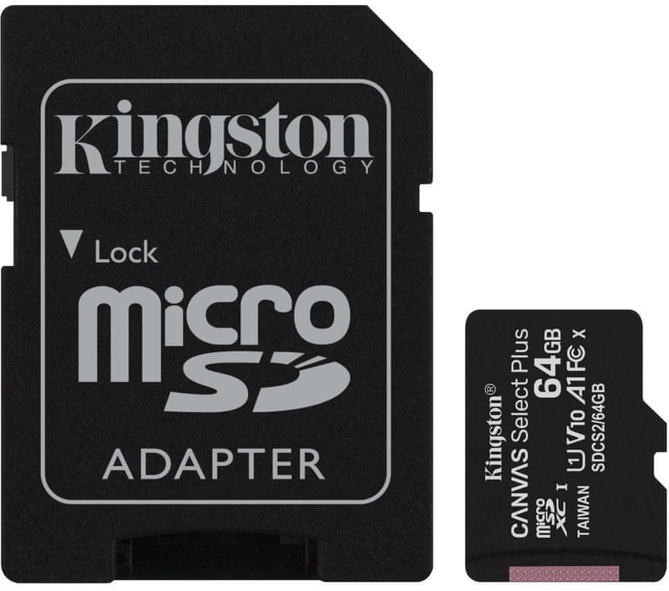 Levně Kingston Micro SDXC Canvas Select Plus 100R 64GB 100MB/s UHS-I + adaptér (SDCS2/64GB)