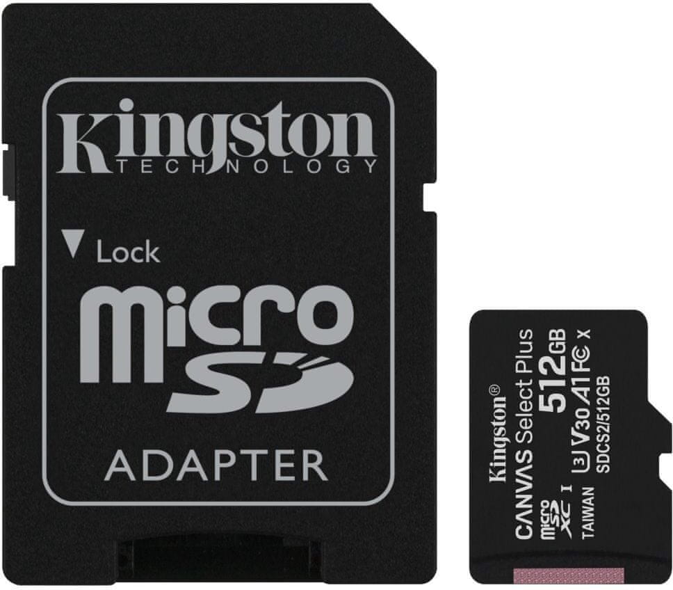 Levně Kingston Micro SDXC Canvas Select Plus 100R 512GB 100MB/s UHS-I + adaptér (SDCS2/512GB)
