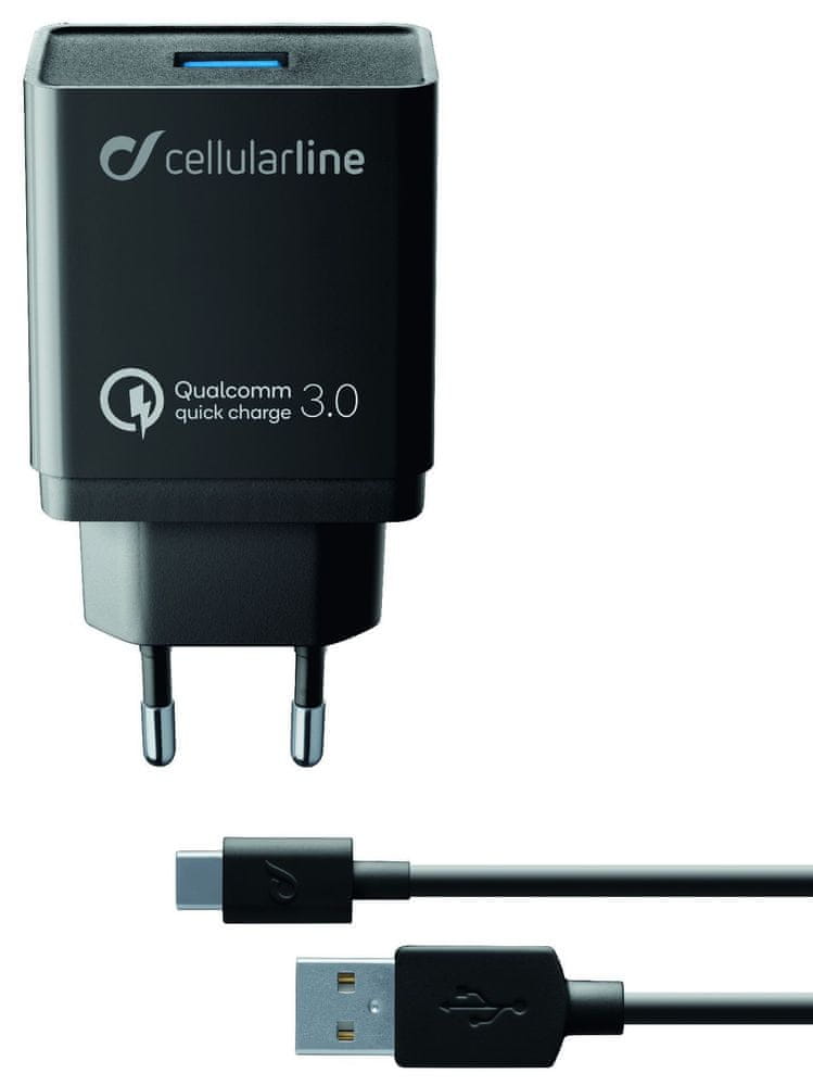 CellularLine Nabíjecí set USB adaptéru a USB-C kabelu, Qualcomm Quick Charge 3.0, 18 W, černý ACHHUKITQCTYCK