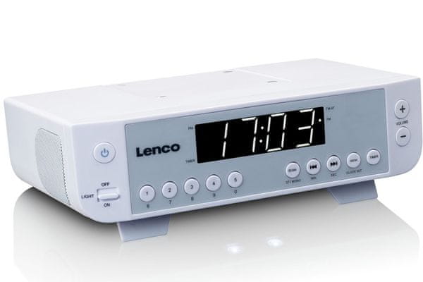 rádioprijímač LENCO KCR-11 fm tuner s pll 20 predvolieb 2 w výkon reproduktory budík funkcie časovača do kuchyne led biely displej minútka