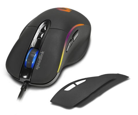 Speedlink Sicanos kabelová herní myš optická LED barevné podsvícení RGB ergonomická pro praváky odnímatelná opěrka na palec podpora maker programovatelná tlačítka