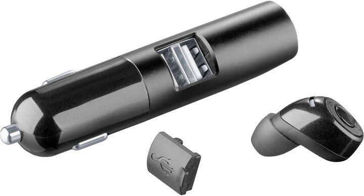 CellularLine Bluetooth mono headset Mini s nabíjecí základnou, 2 x USB port, černý, BTCARMINIK
