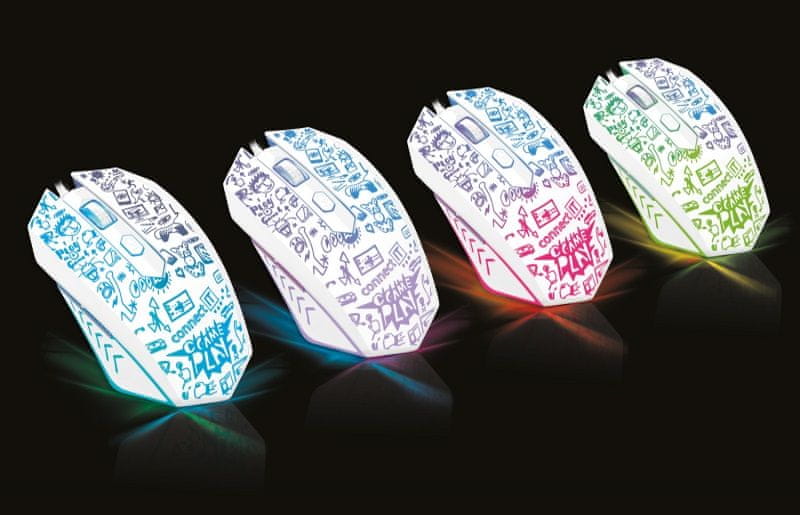Herní myš Connect IT Doodle White, Limited Edition, drátová s podsvícením RGB, univerzální ergonomie, 6 tlačítek, opletený kabel, až 2 000 DPI