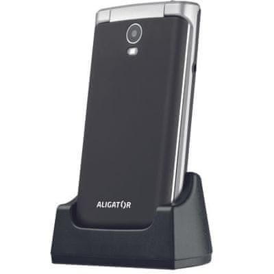 Aligator V710, mobil pro seniory, dlouhá výdrž, fotokontakty, nabíjecí stojánek, velký displej, velká tlačítka, jednoduché ovládání, véčko