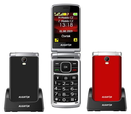 Aligator V710, mobil pro seniory, véčko, velká tlačítka, SOS tlačítko, jednoduché ovládání, fotokontakty, dlouhá výdrž, nabíjecí stojánek