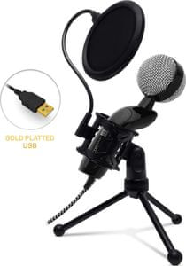elegantní mikrofon connect it youmic plus cmi-8008 ochranný pop killer filtr o průměru 10 cm používání s pop nebo bez pop filtru usb připojení zlacený konektor stabilní mini stativ kardioidní směrová charakteristika vhodný pro záznam hlasu chatování hraní her karaoke