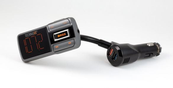  Technaxx Bluetooth FM transmitter, QC3.0 nabíjení, Bass Booster (FMT1350BT) rychlé nabíjení quick chargé 3.0 bluetooth streamování hudby hands-free telefonní hovory