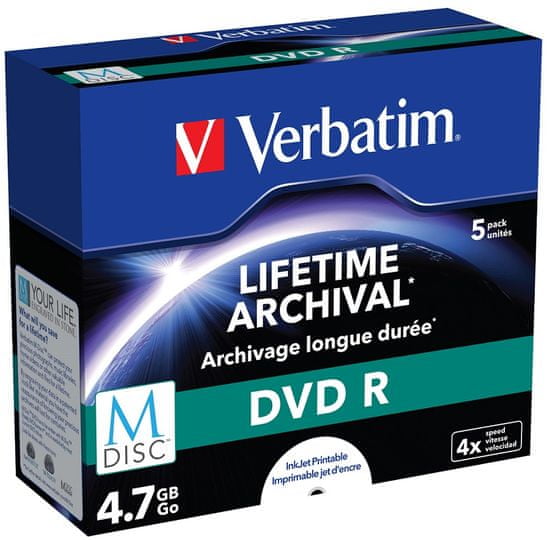 Verbatim M-DISC DVD-R 4,7GB, 4×, printable, jewel case 5 ks (43821)