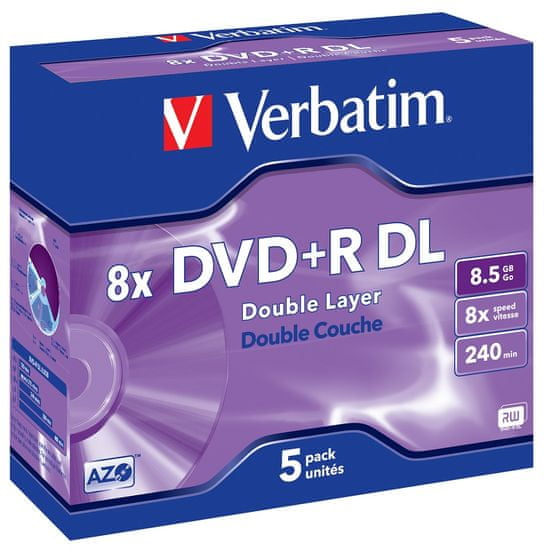 Verbatim DVD+R DL AZO 8,5GB, 8×, jewel case 5 ks (43541)