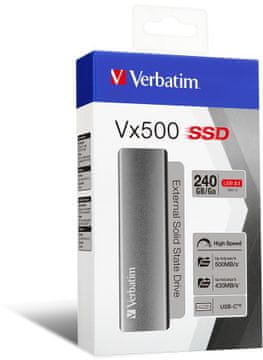 Externý harddisk SSD Verbatim Vx500 External SSD, Thunderbolt 3, USB 3.1 Gen 2, nízka hmotnosť, hliníkový, pevný, ľahký, odolný, malý