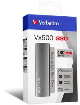 Externí harddisk SSD Verbatim Vx500 External SSD, Thunderbolt 3, USB 3.1 Gen 2, nízká hmotnost, hliníkový, pevný, lehký, odolný, malý